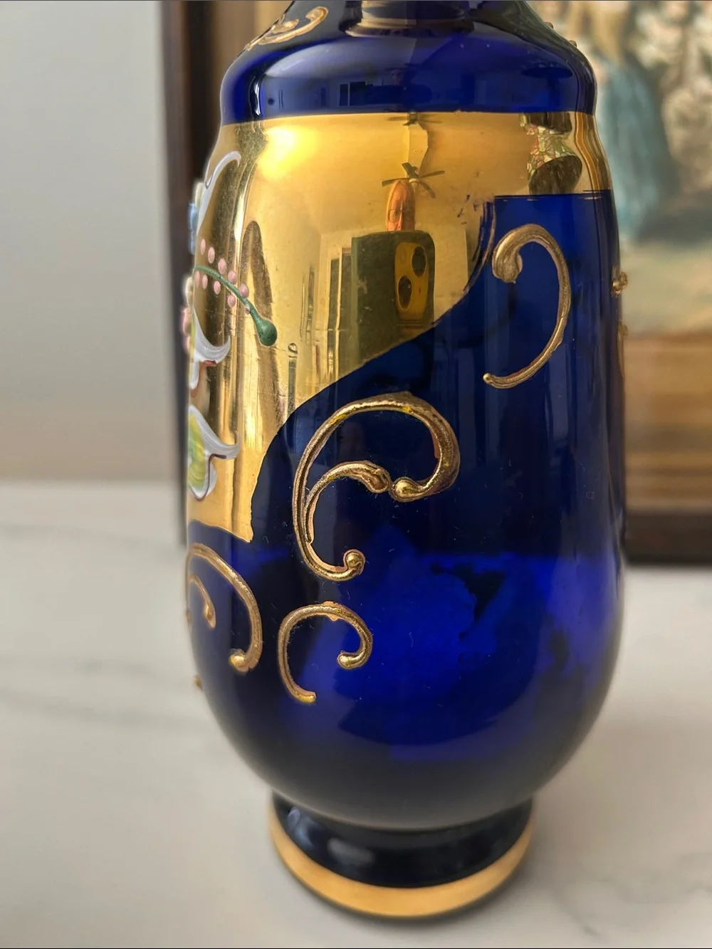 Cobalt Blue and  24 k Gold inlay  Glass pitcher with Hand-Painted Floral Motif